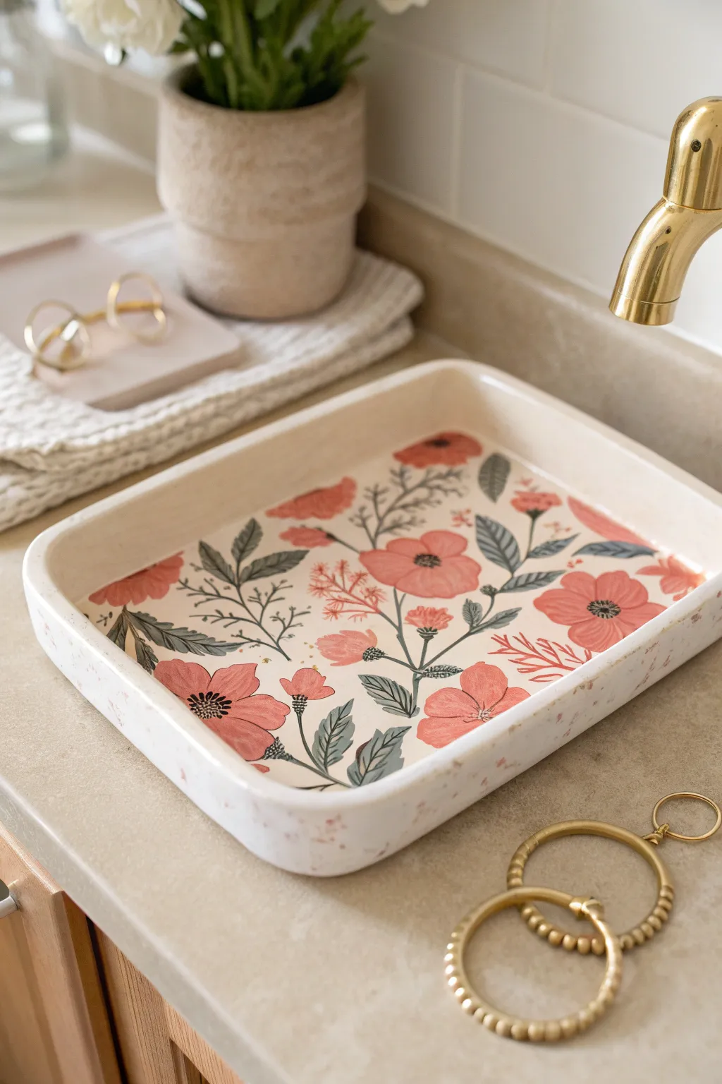 Bright decoupage clay tray with bold pattern and clean edges, perfect for earrings and rings.