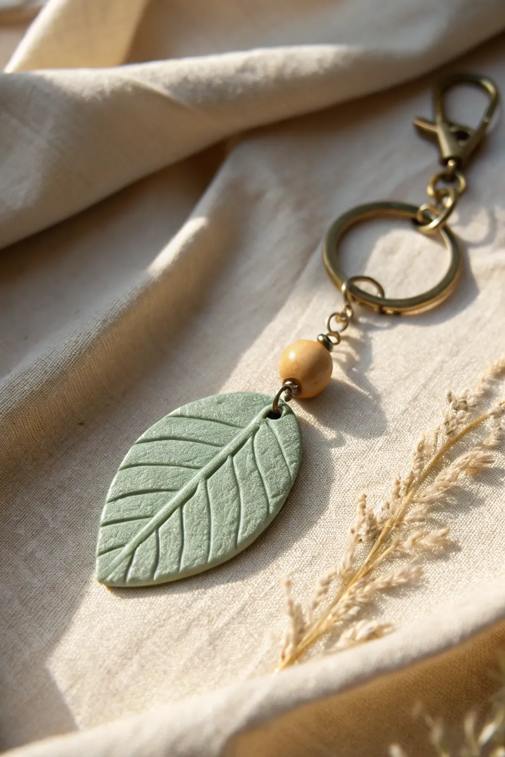 Muted sage leaf clay keychain with delicate veins, brass chain, and a tiny wooden bead.