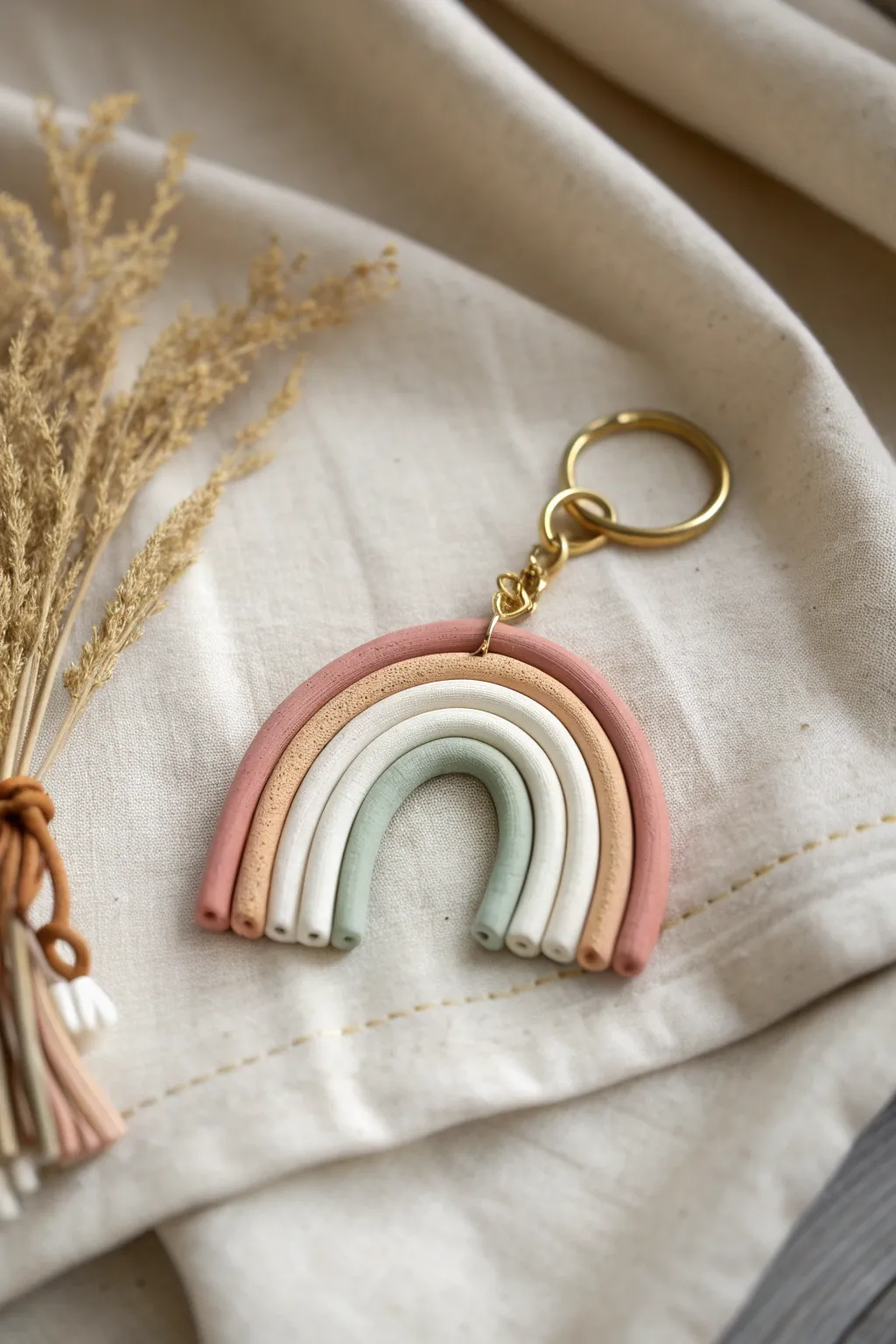 Pastel rainbow arch clay keychain, rolled rope texture on linen for calm modern boho vibes