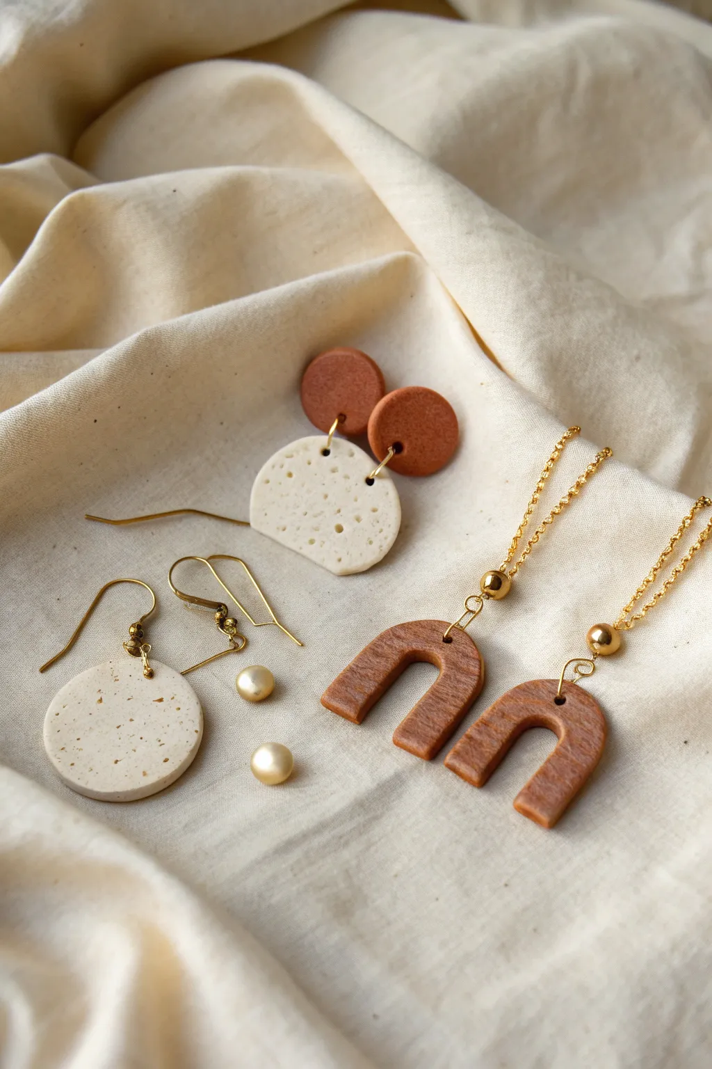 Minimal clay earring and pendant kit inspiration in soft neutrals, clean shapes, and linen texture
