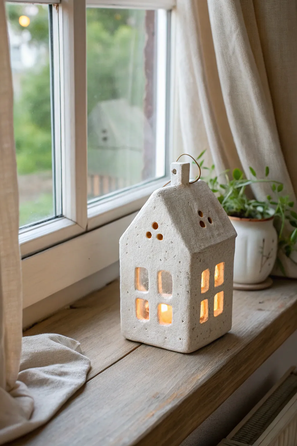 Cozy clay cottage lantern with warm window glow, perfect for a minimalist boho nook