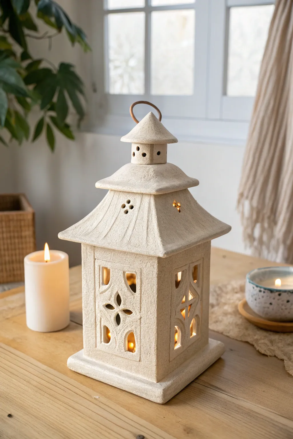 Pagoda-style clay lantern with tiered roof and warm glow, perfect for a cozy minimalist table