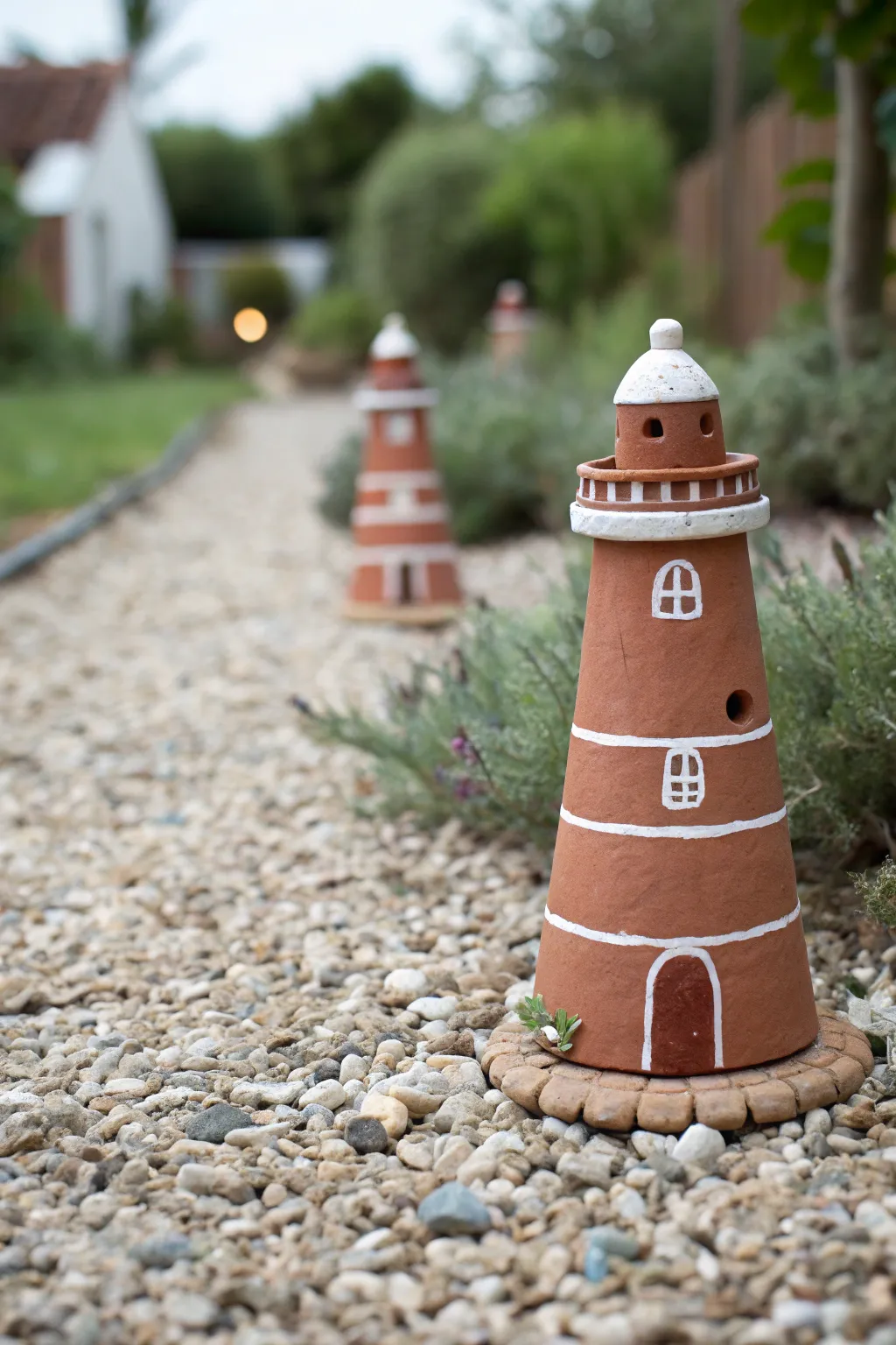 Mini clay lighthouses as simple pathway markers, minimalist terracotta with soft white stripes