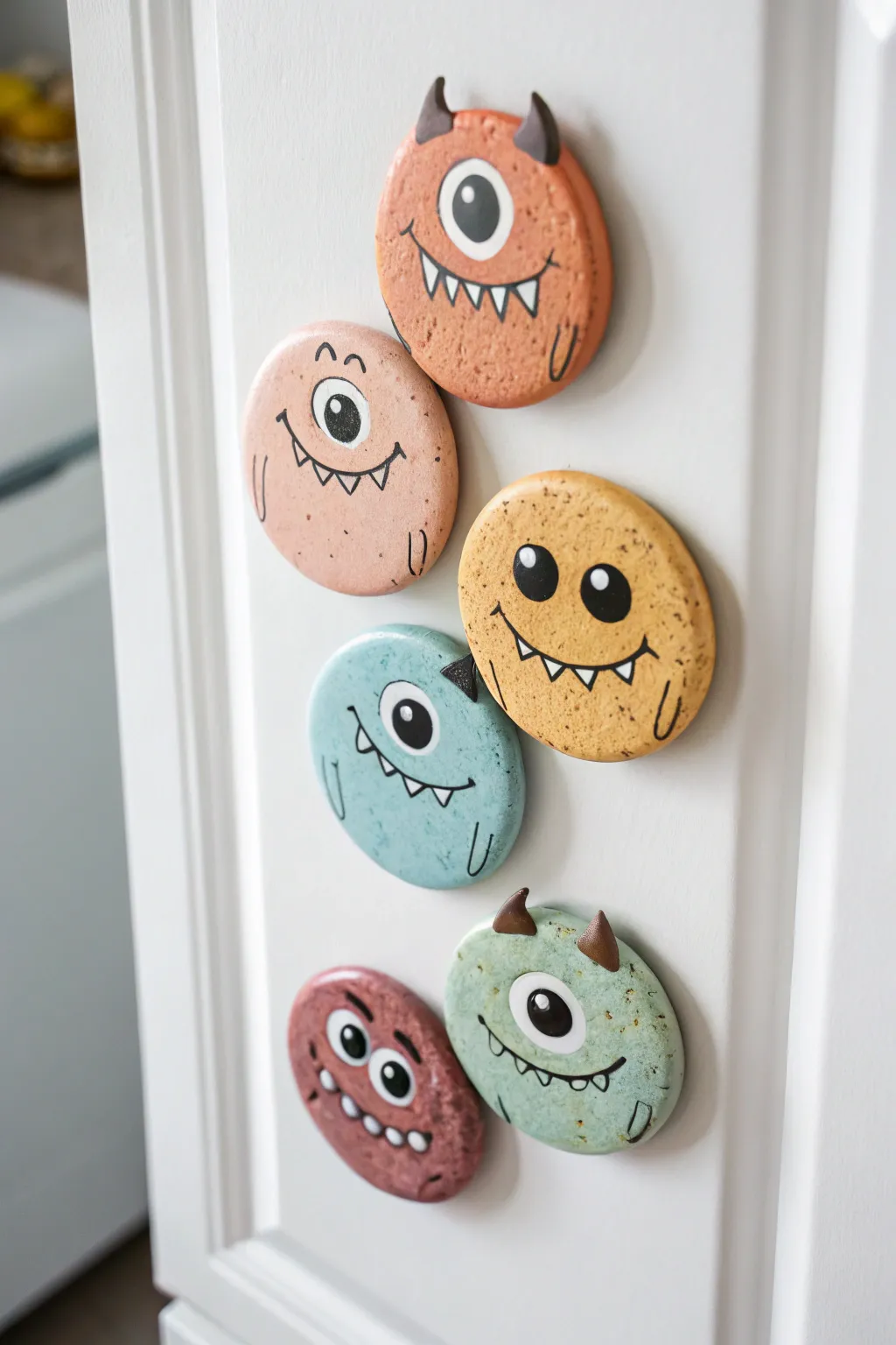 Cute one-eyed clay monster magnets in pastel tones, zig-zagged on a clean fridge door.