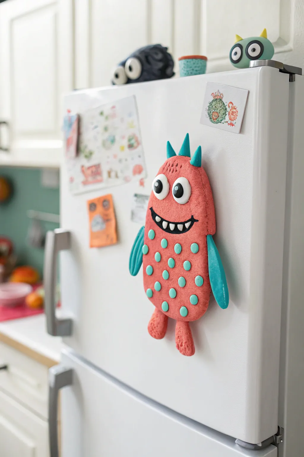 Bright clay monster magnet pops on a minimalist fridge, playful mix-and-match kid-friendly charm.