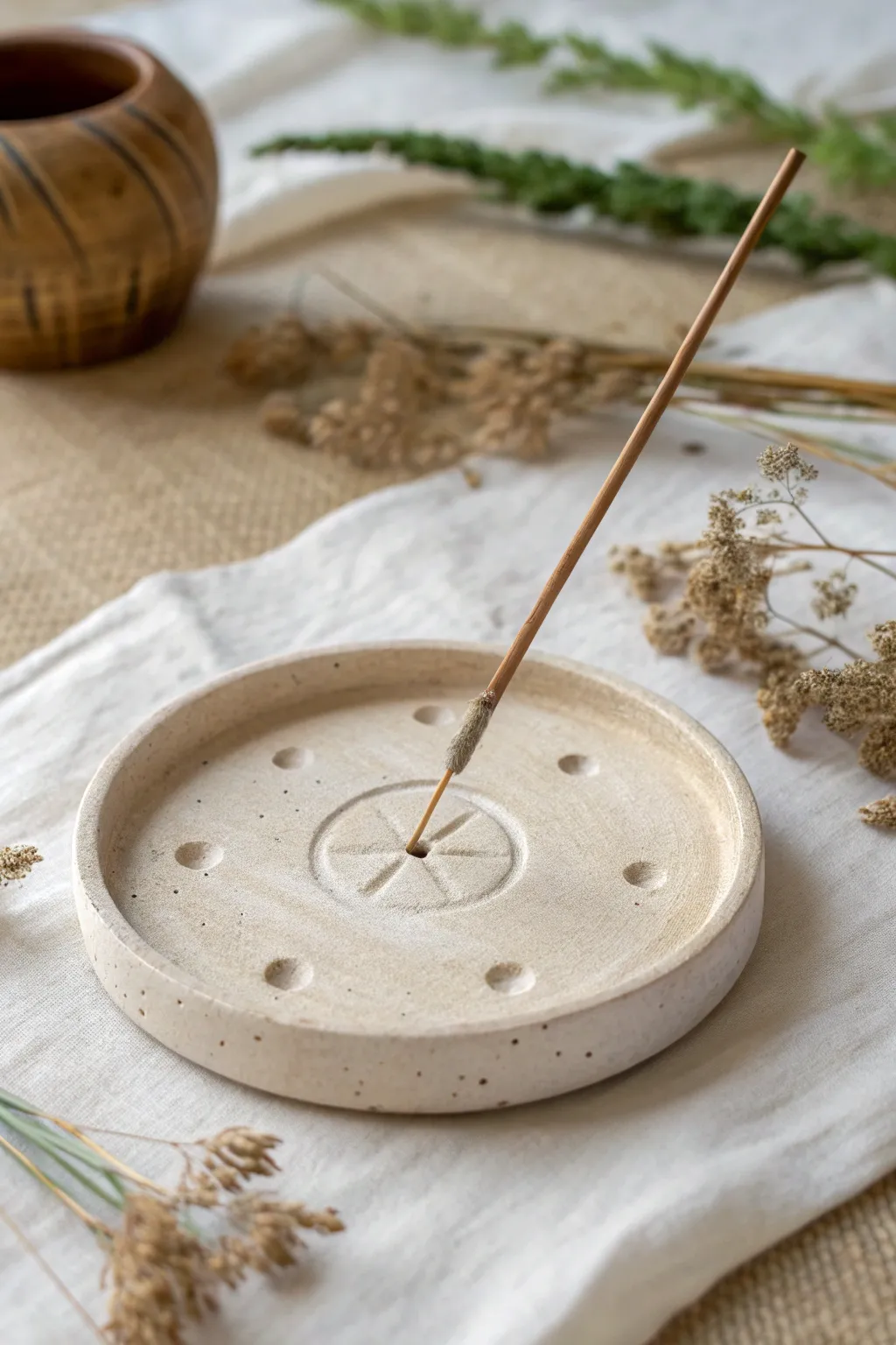 Easy clay incense holder tray with simple grooves, minimalist and calming in a soft neutral tone