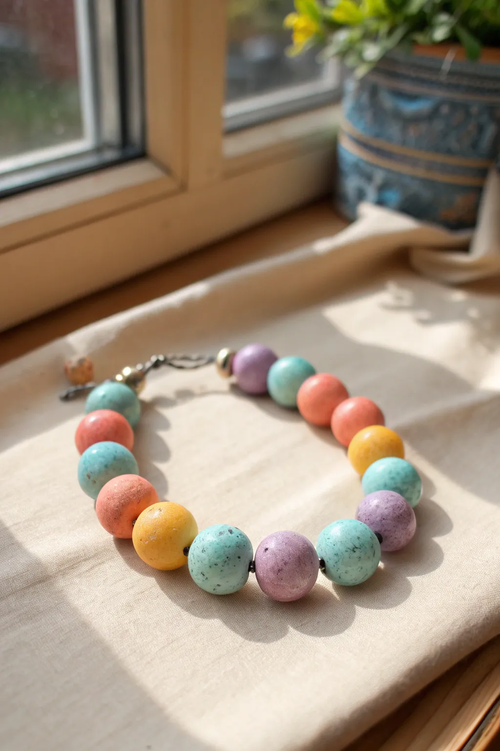 Chunky marbled clay bead bracelet for kids, styled on neutral linen for bright color pop