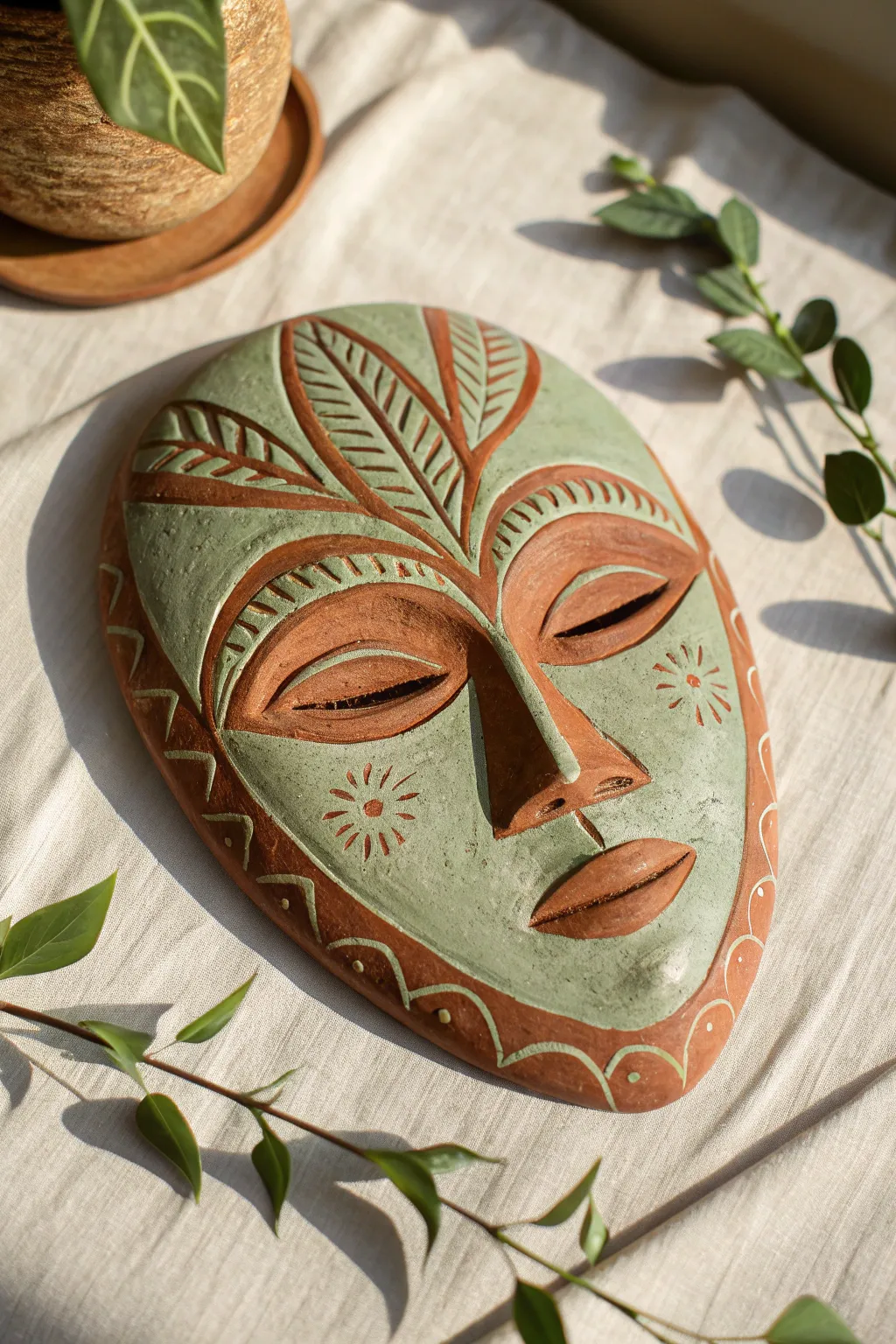 Sage slip sgraffito mask with bold botanical cutbacks revealing warm terracotta contrast.