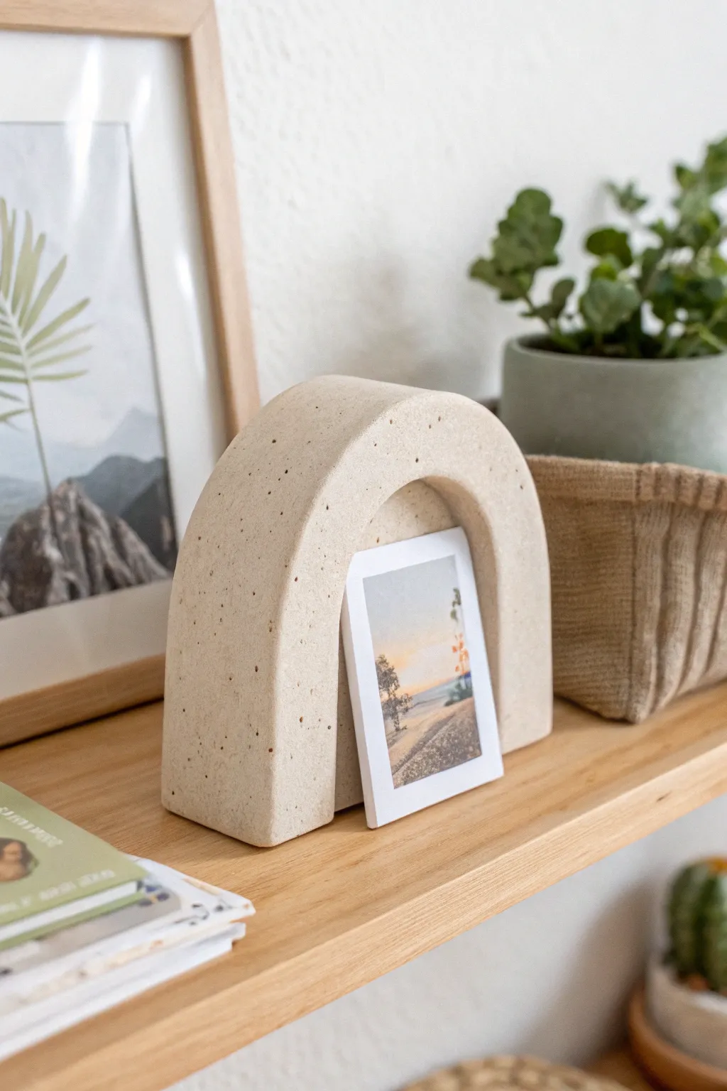 Minimal arched clay photo holder for a tiny print, styled on a calm shelf with a soft boho vibe.