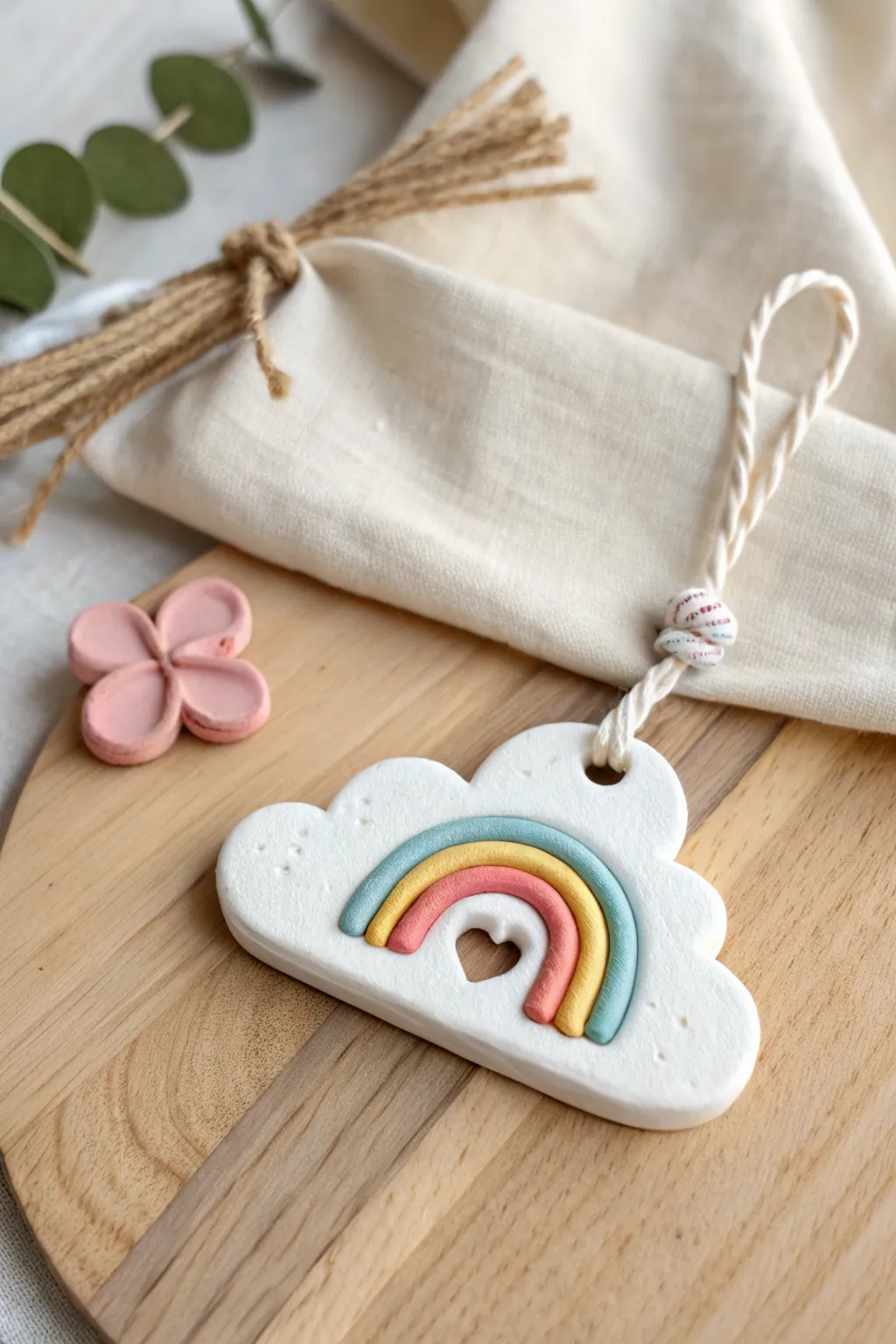 Sweet rainbow cloud charm in bold pastel blocks, a simple kid-friendly clay project to copy