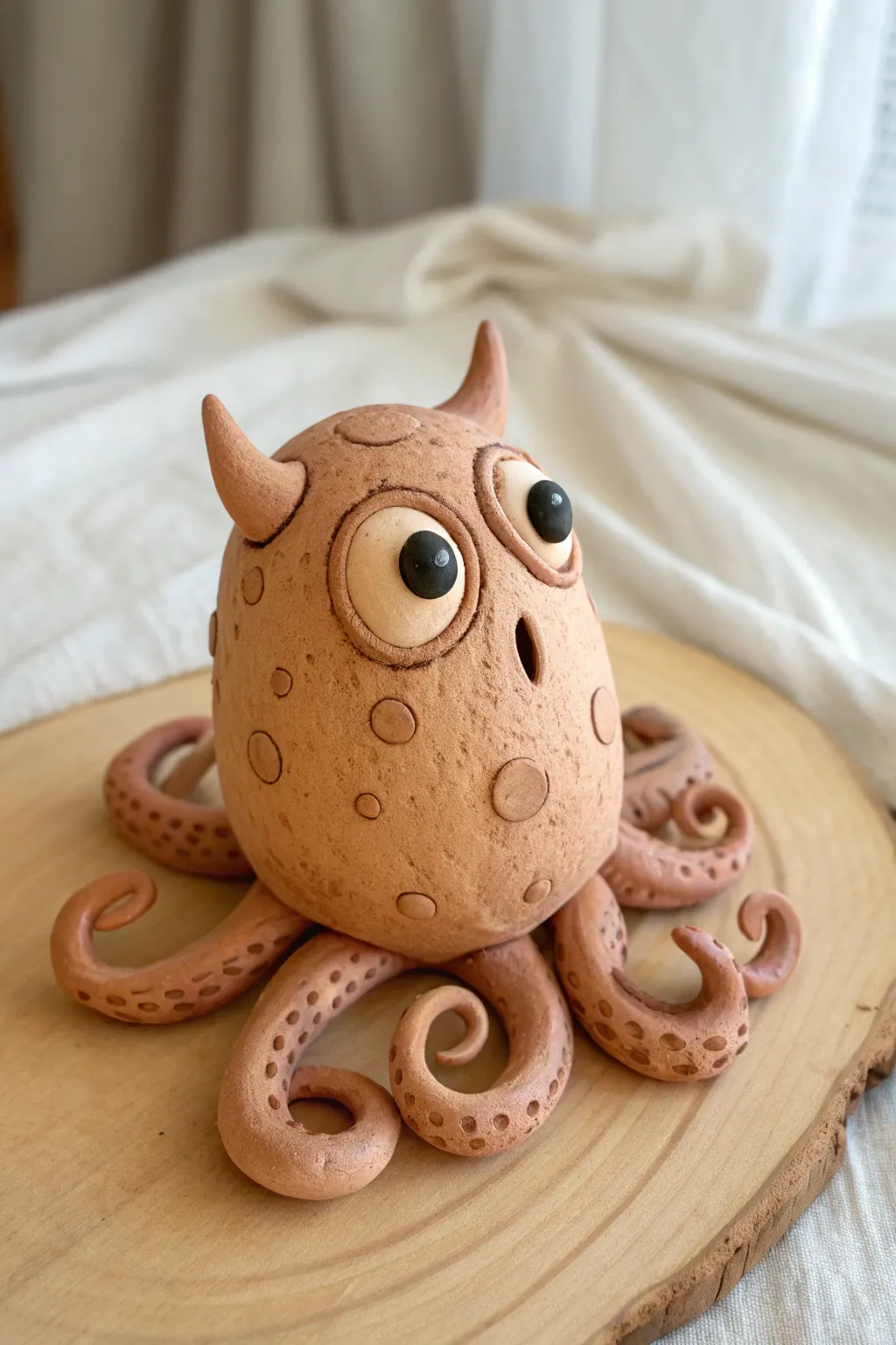 Sweet tentacled pocket monster in soft clay tones, curled arms and wide eyes, minimalist charm.