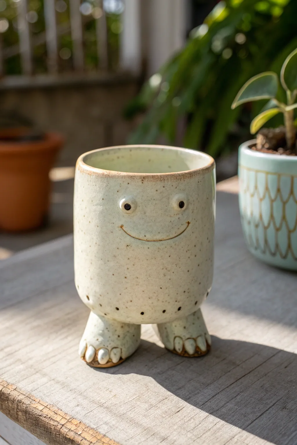 Chunky claw-foot monster mug with soft matte glaze and pooled accents, minimalist boho vibes.