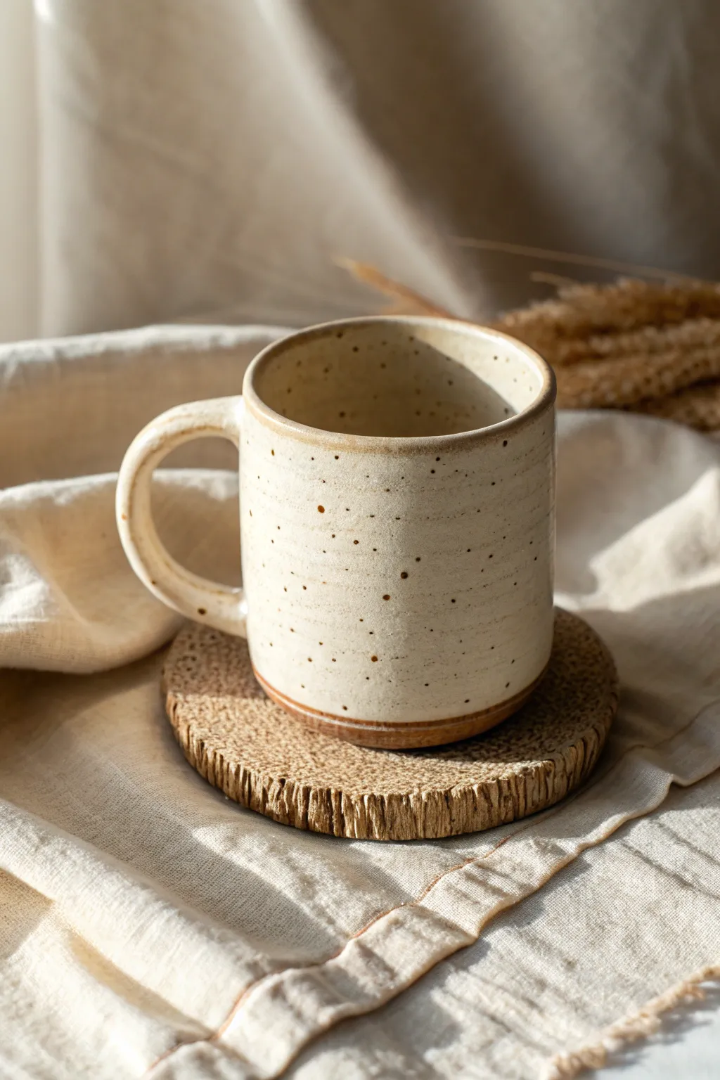 Minimal stoneware mug with matching textured rim and foot, a simple handmade detail to try.