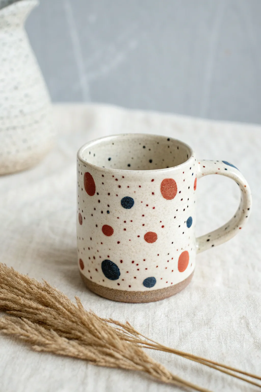 Easy underglaze dots and brush marks turn a simple clay mug into bold minimalist charm.