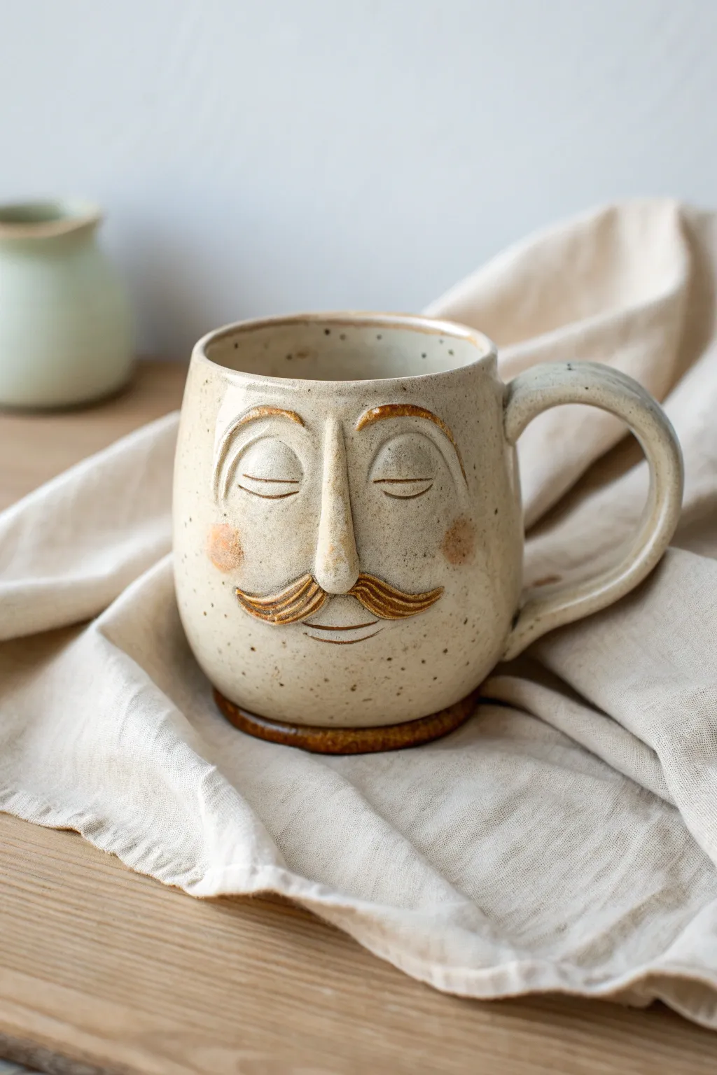 Charming clay mug face with sculpted mustache and smile lines in calm neutral glaze