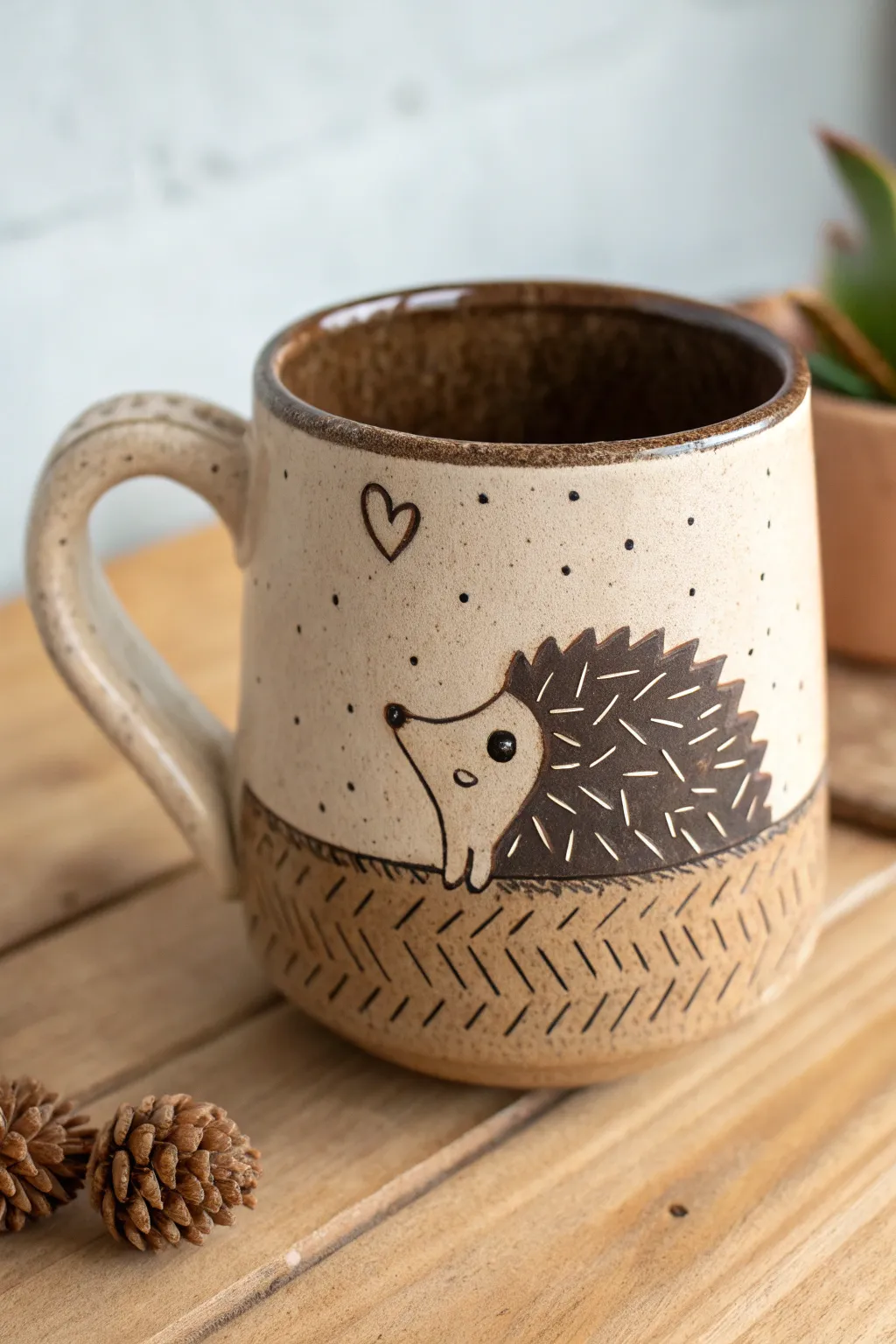 Cozy hedgehog mug with a textured spine band, minimalist tones and handmade charm