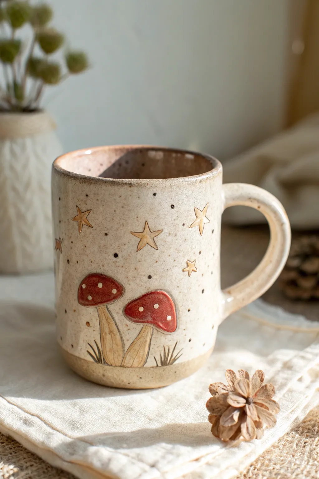 Whimsical yet minimal clay mug with sweet mushroom appliqués in soft pastel glaze.