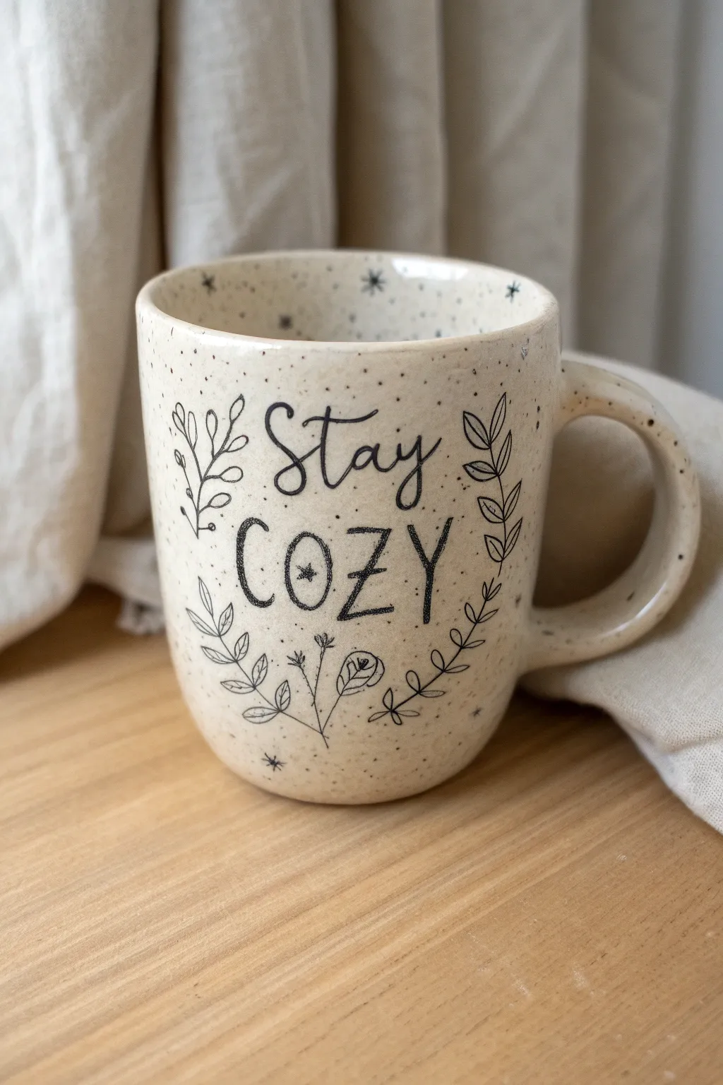 Simple hand-lettered mug with tiny doodles, minimalist Scandinavian look with soft boho warmth