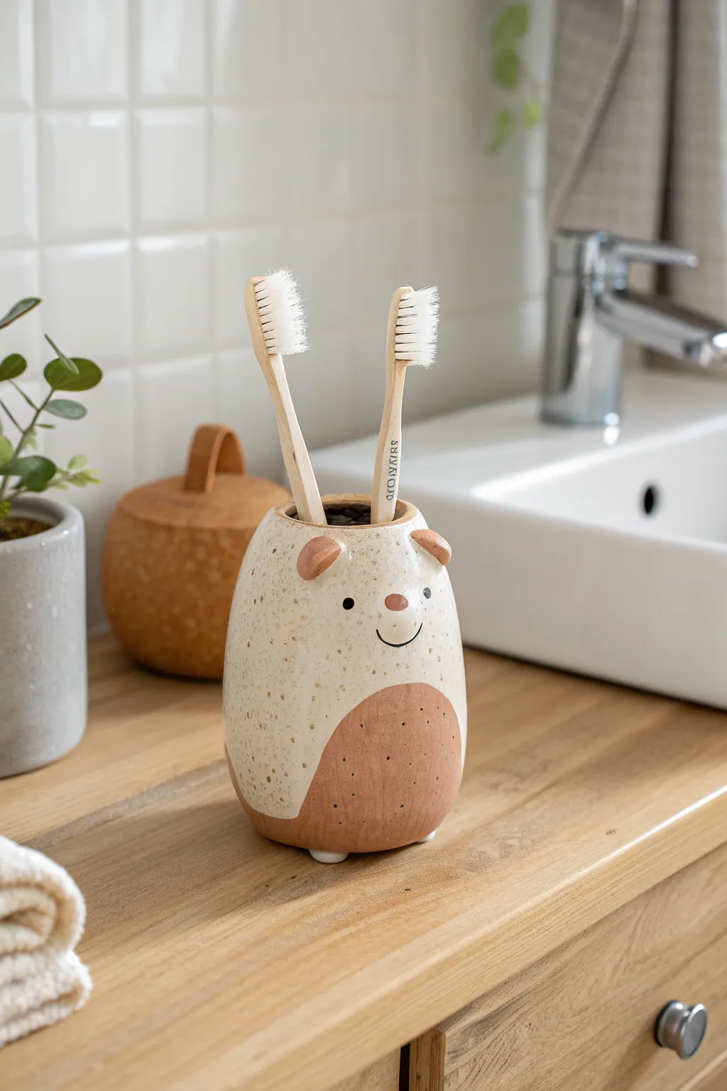 Whimsical clay creature holds two toothbrushes, adding charm to a calm minimalist bathroom.