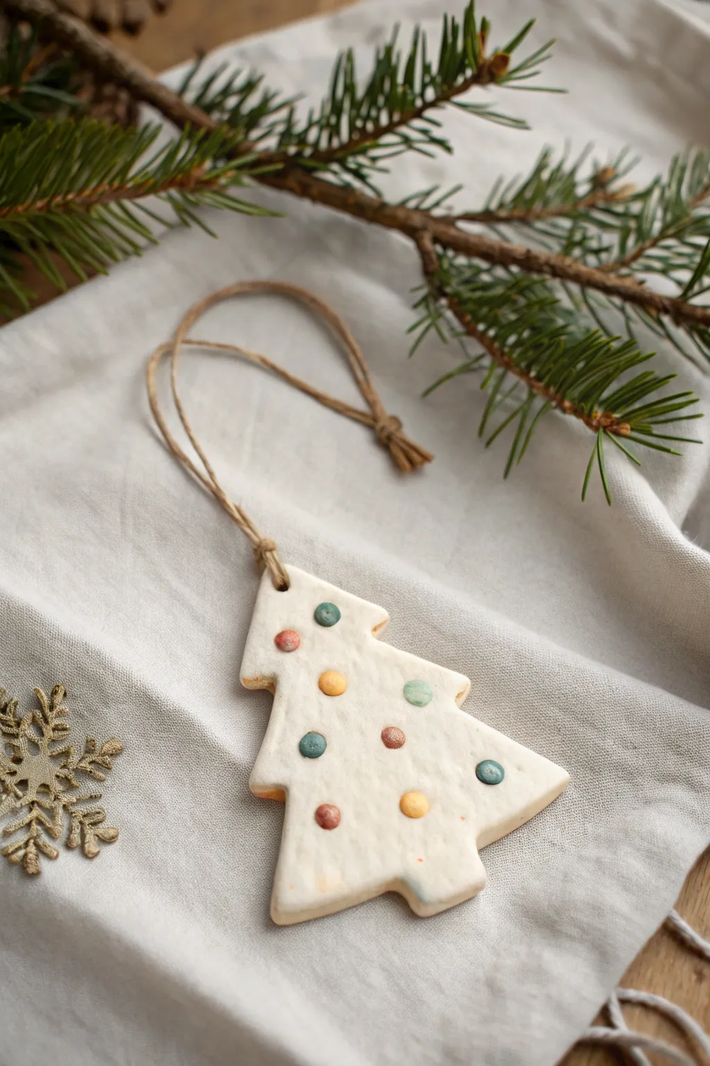 Sweet minimalist clay tree ornament with fingerprint lights, perfect for cozy handmade holiday decor