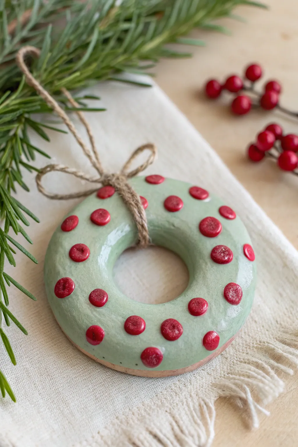 Green clay wreath ornament with bright fingerprint berries, a charming kid-friendly holiday craft