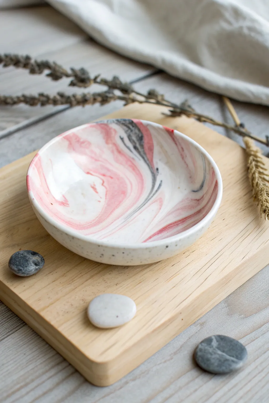Swirled marble clay veins in soft neutrals for a chic, minimalist trinket dish