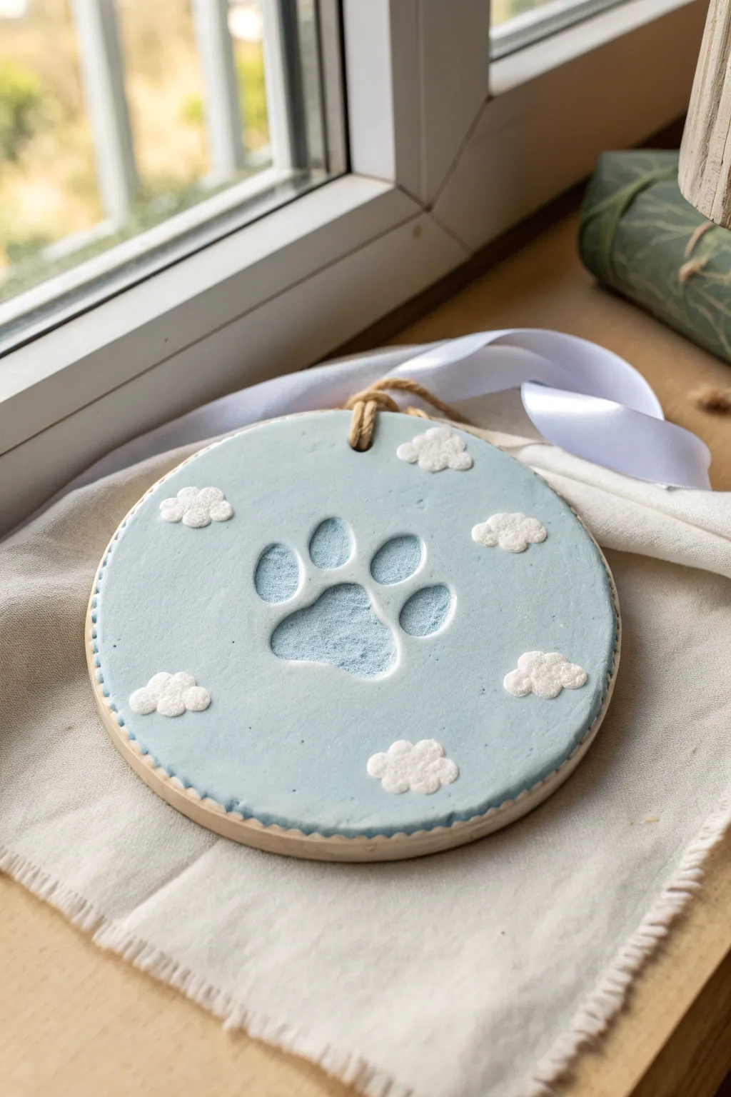 Soft sky-blue paw print plaque with white clouds, a minimalist memorial keepsake in clay.