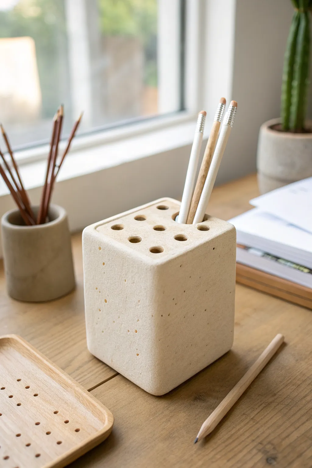 Chunky hole-punched clay pen block with clean spacing and soft speckled texture, calm and minimal