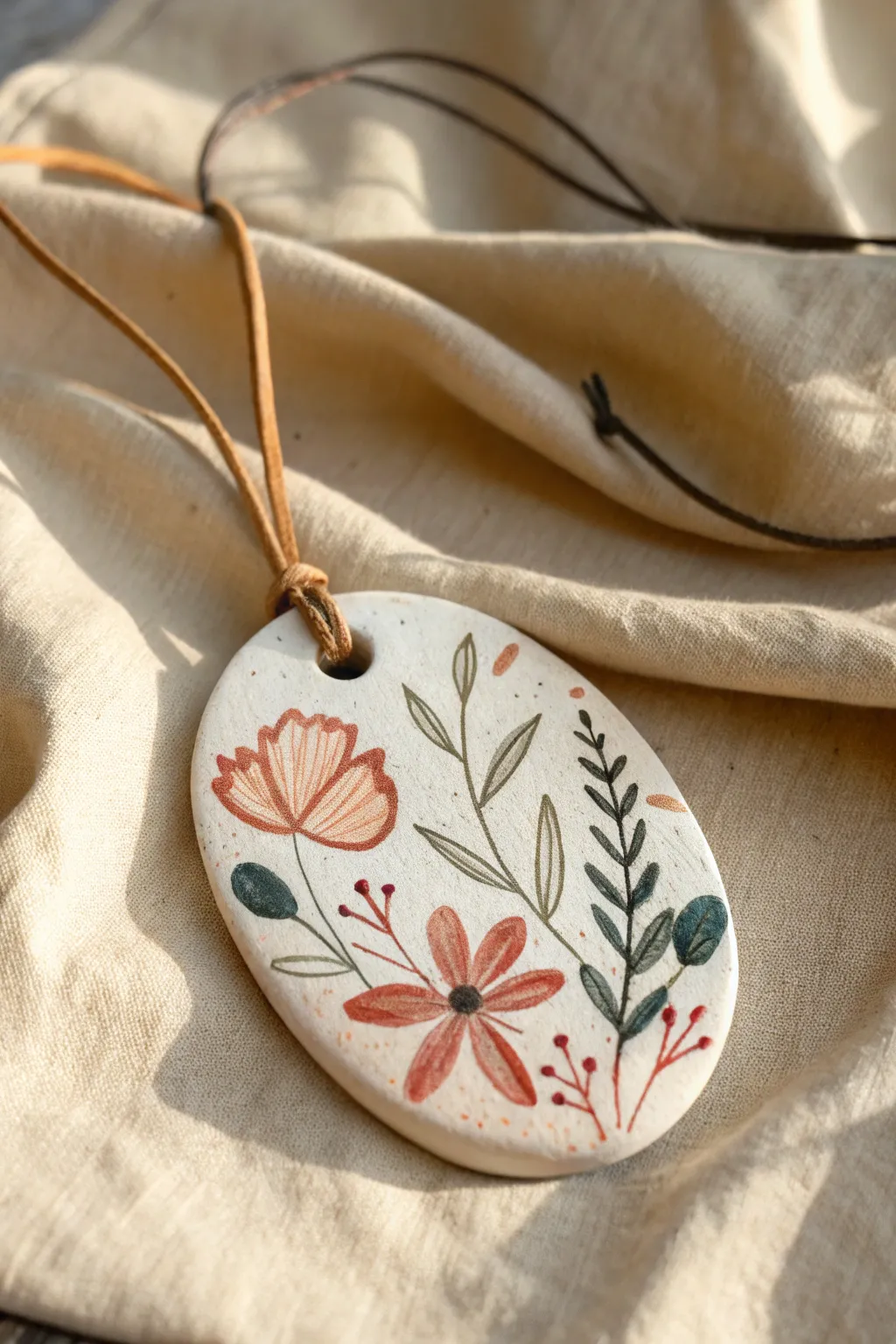 Hand-painted mini canvas clay pendant with simple florals, minimalist boho charm.