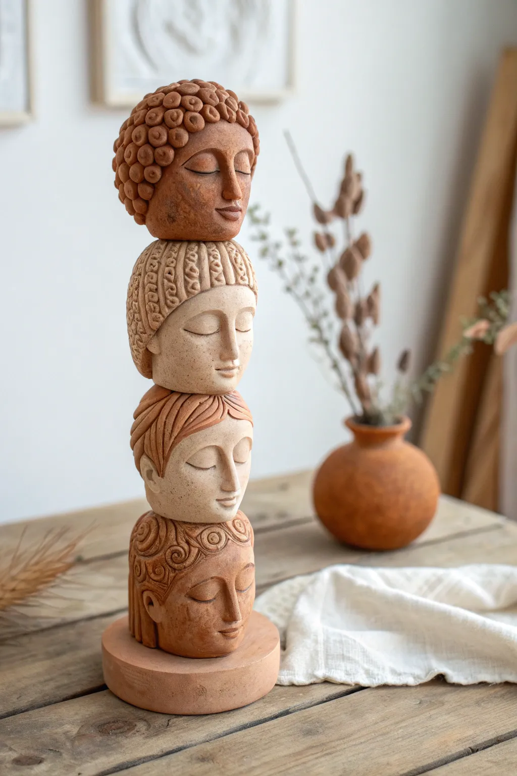 One clay totem, four textured hairstyles: braids, curls, bun, and crop in minimalist style