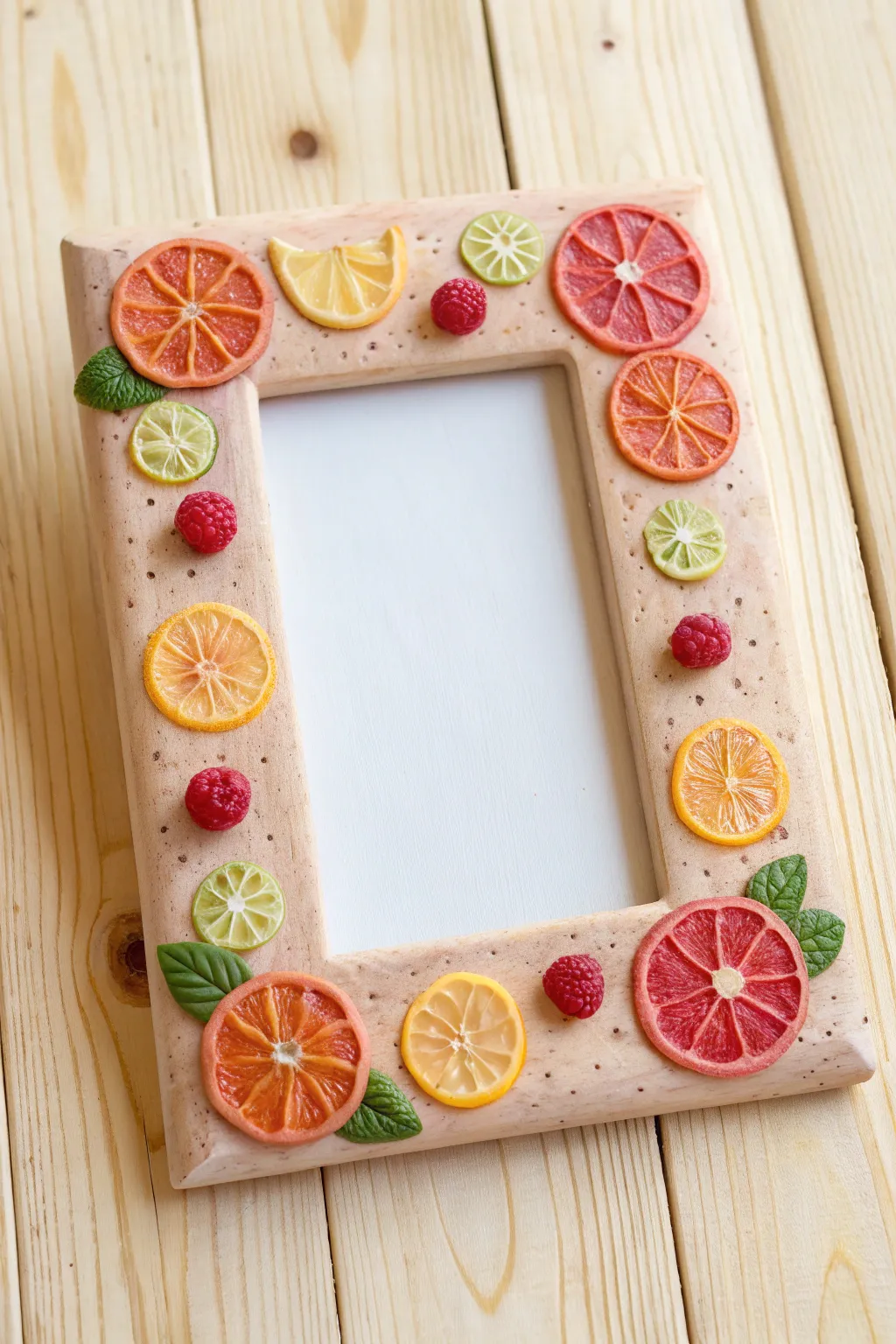 Playful fruit slice clay photo frame with bright citrus and berries, minimalist boho summer decor