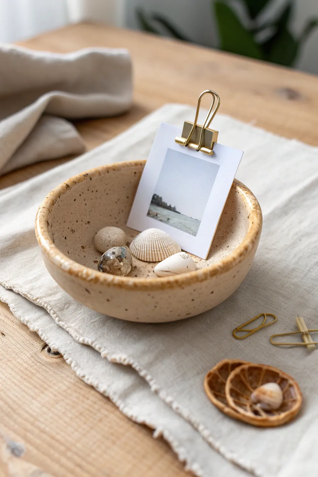 Minimal pinch bowl photo holder with brass clip and tiny trinkets, styled for a cozy desk.