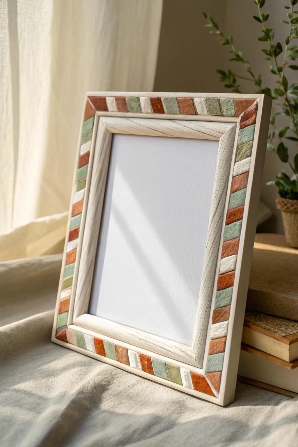 Modern clay picture frame with a chic marbled border, minimal styling, and soft natural contrast