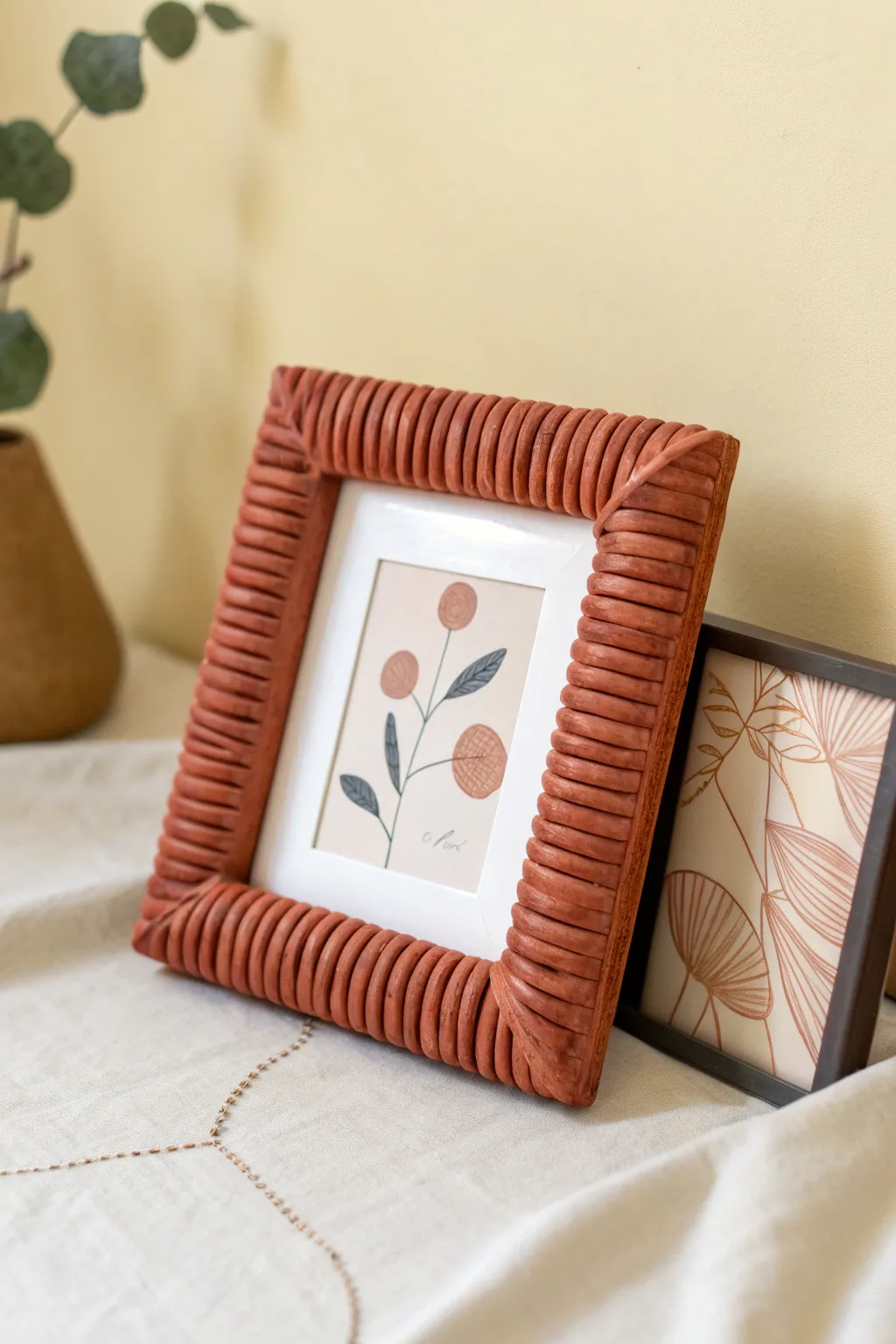 Minimal coil-trim clay frame adds handmade texture to your favorite photo in calm boho style.