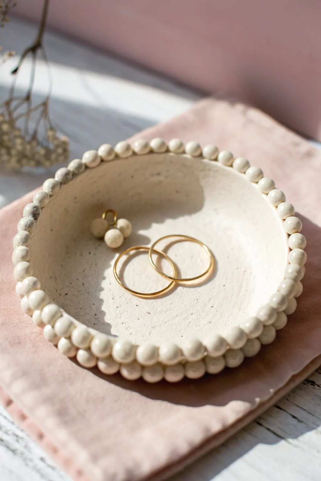 Petite beaded-edge clay jewelry dish with simple gold hoops, styled in soft pastel minimalism.