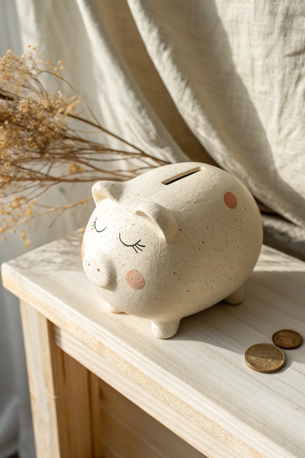 Sleepy handmade piggy bank with blush cheeks, cozy bedside styling, and soft Scandinavian calm