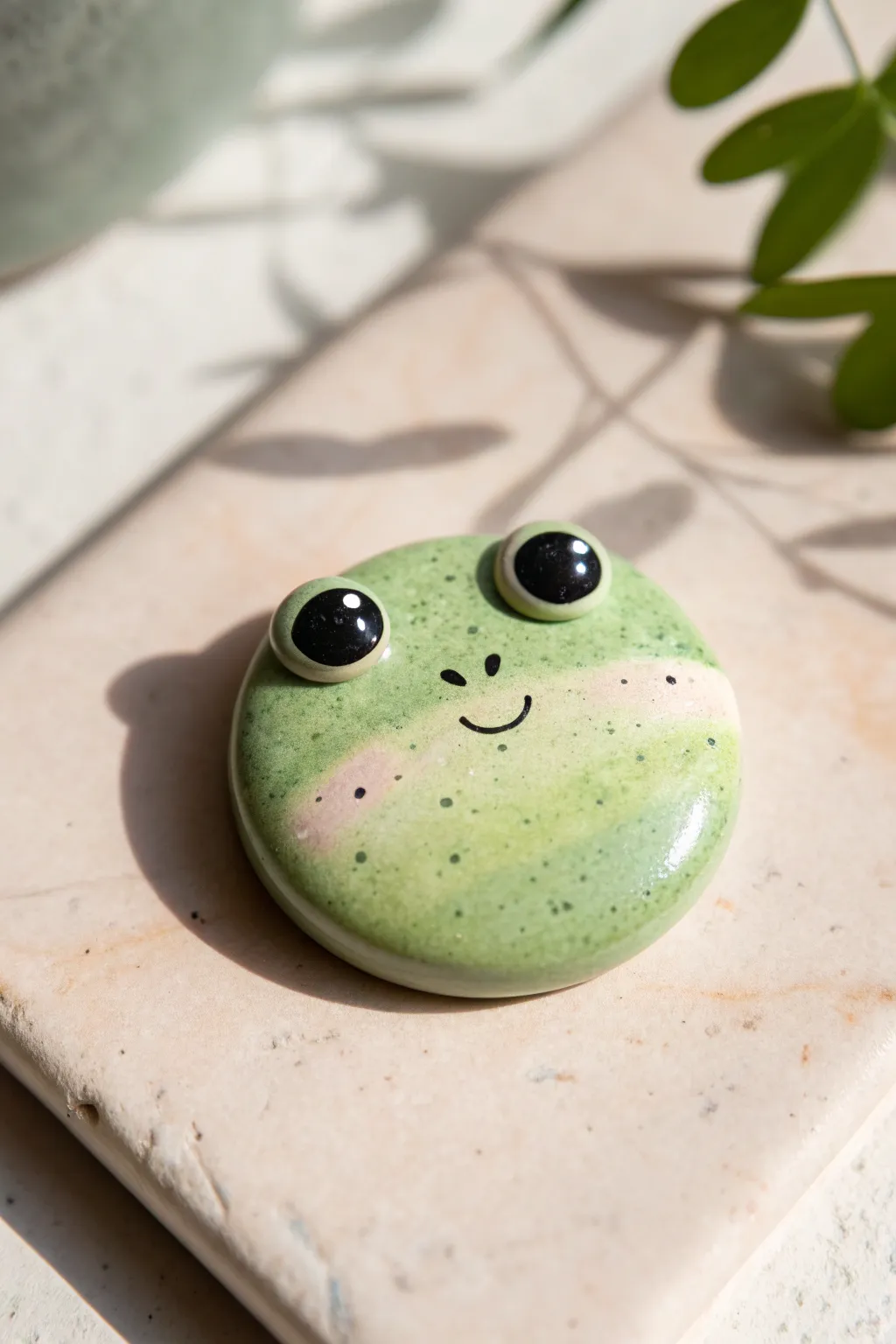 Round frog clay pin in soothing greens, minimalist and sweet for your jacket or tote.