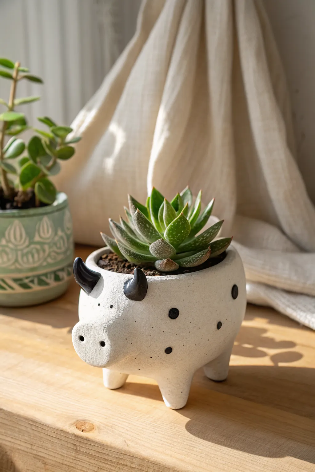 Beginner-friendly spotted cow pinch pot planter, a cozy home for your favorite succulent.