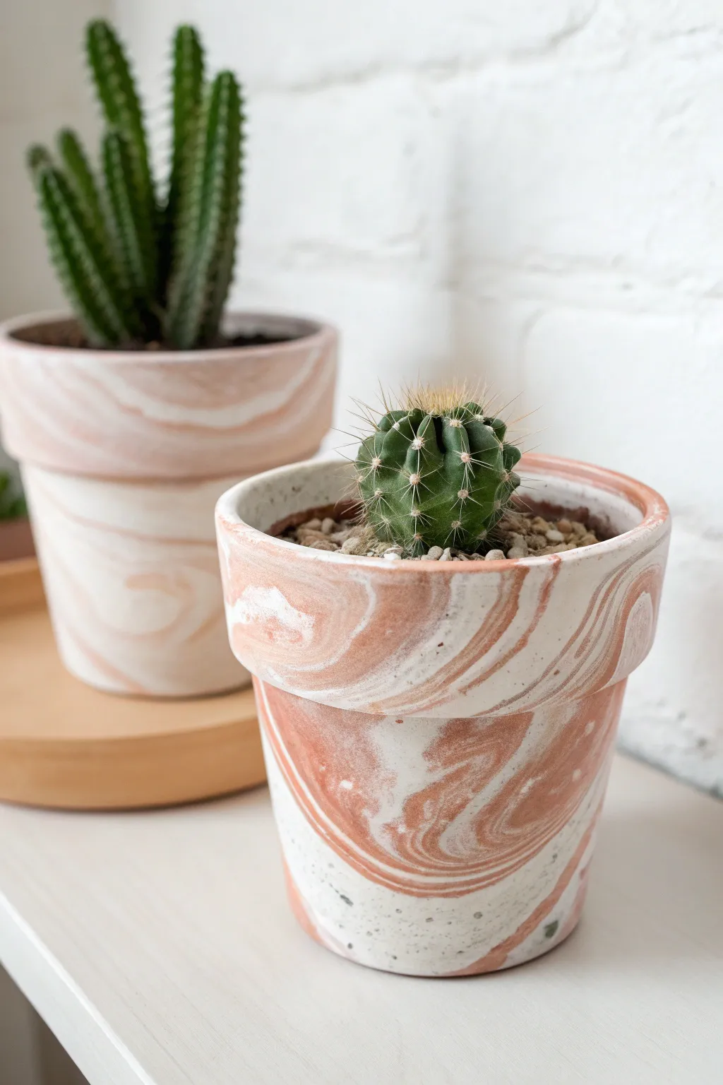Marbled swirl clay pot duo with tiny cacti, minimalist Scandinavian style, bright airy contrast.