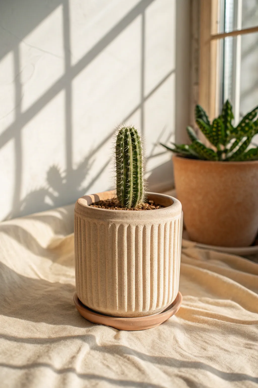 Warm neutral fluted clay planter with a single cactus, a minimalist retro accent with boho charm.
