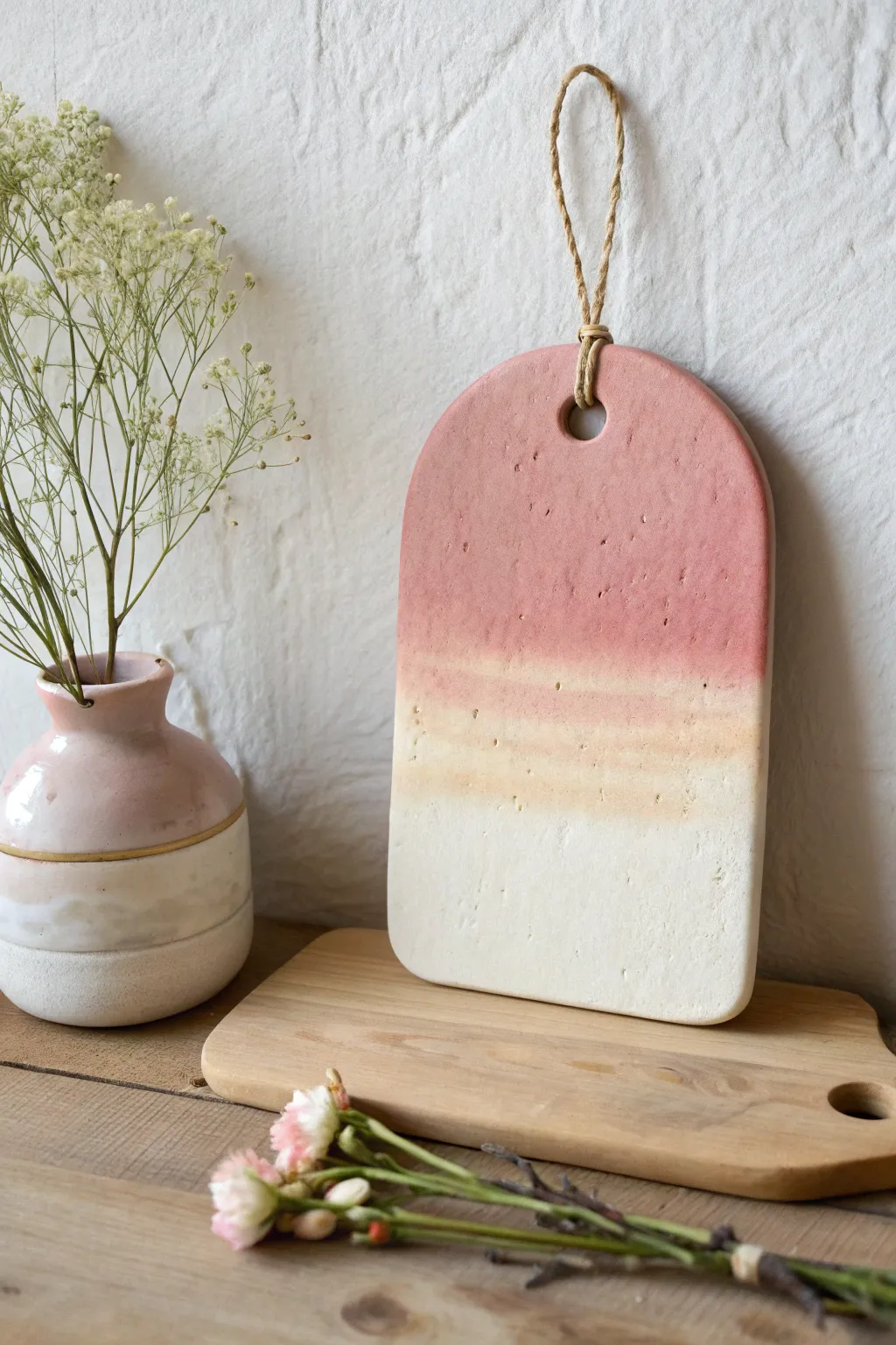 Soft ombre clay plaque with a simple linen cord, styled in an airy Scandinavian boho scene