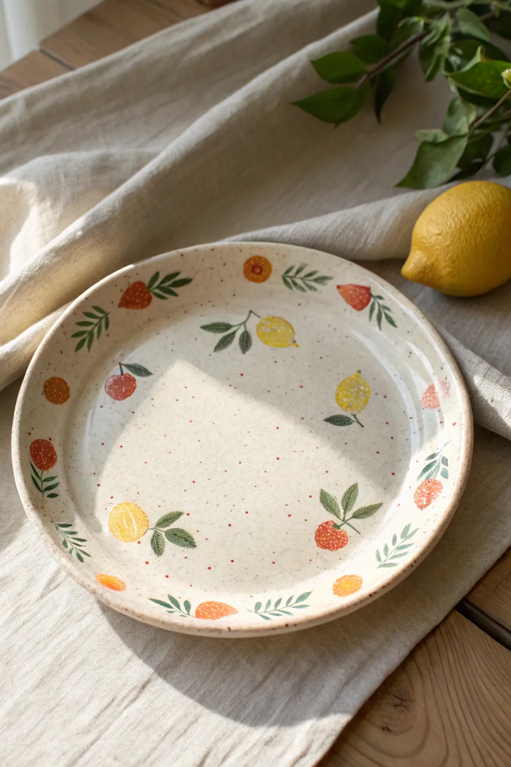 A sunny minimalist plate with easy fruit motifs around the rim, bright, feminine, and DIY-friendly.