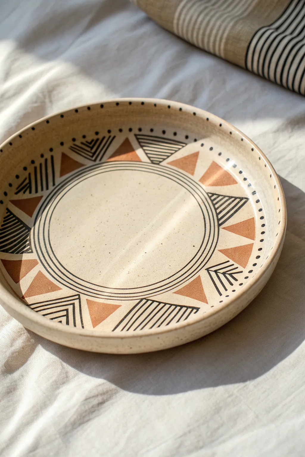 Minimal geometric linework clay plate in black and terracotta, bright airy styling and clean contrast.
