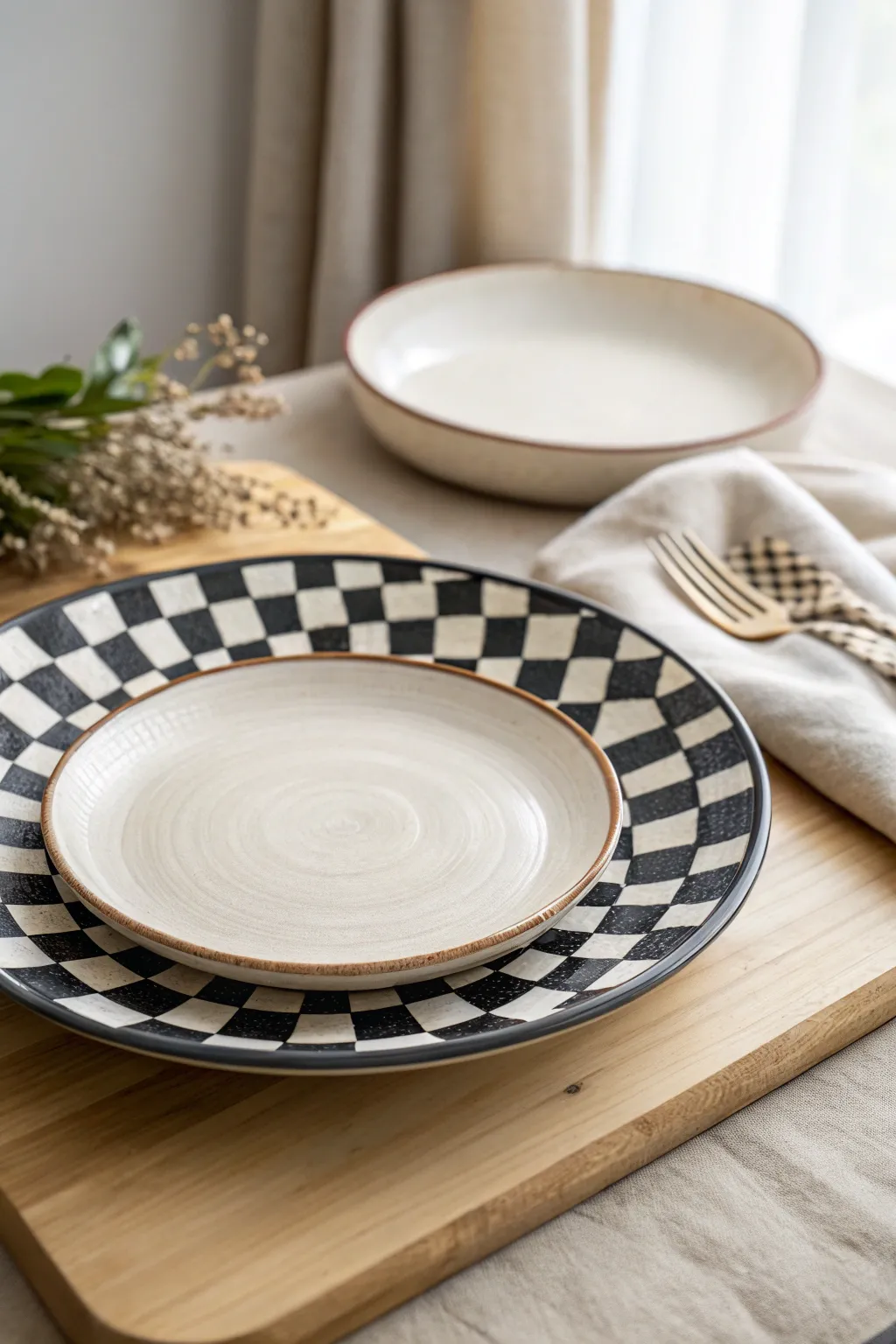 A chic black-and-white checkerboard plate idea that feels Scandinavian minimal with a boho edge.
