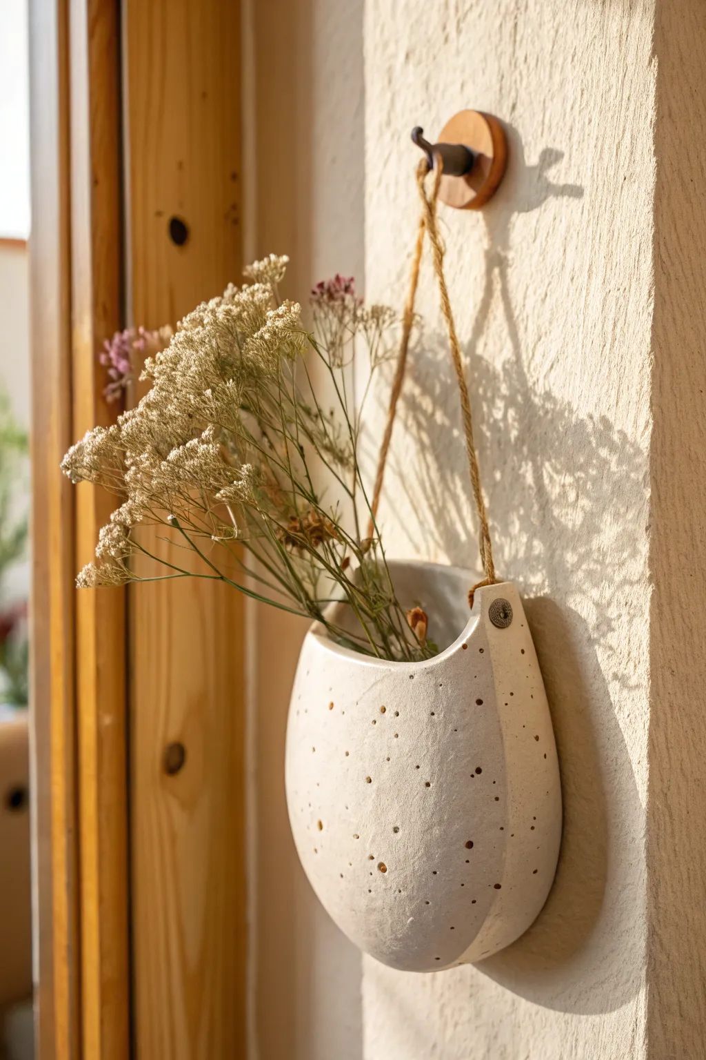 Simple single-hole clay pocket on a peg, perfect for a dried stem in soft Nordic light.