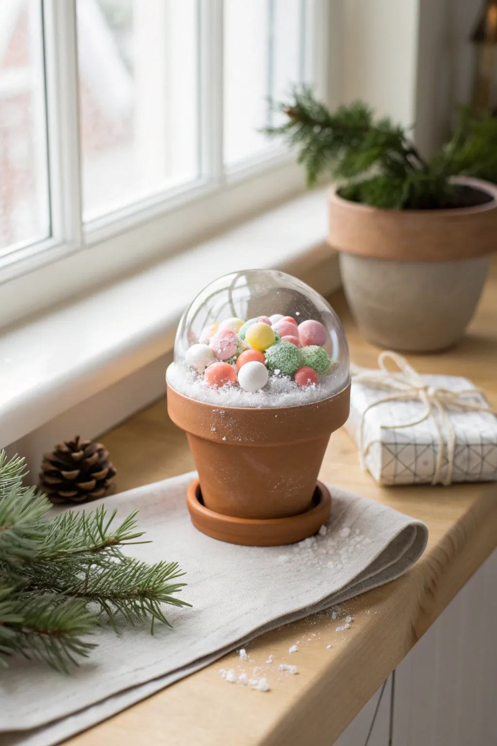 Minimal clay pot snow globe candy topper for a cozy Christmas countertop, sweet and simple.