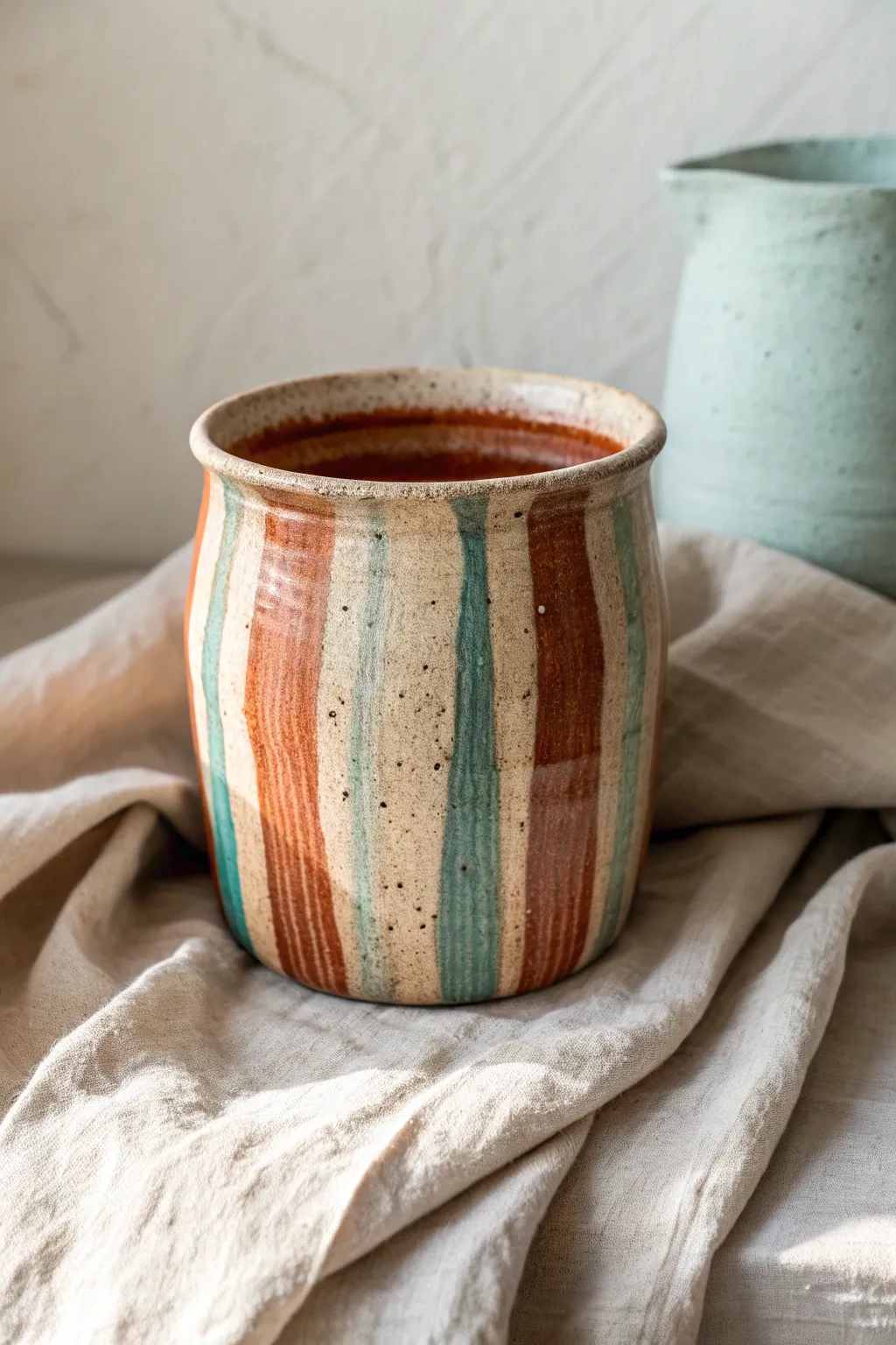 Loose brushstroke stripes in rust, sand, and muted teal for an earthy, minimalist clay pot look.
