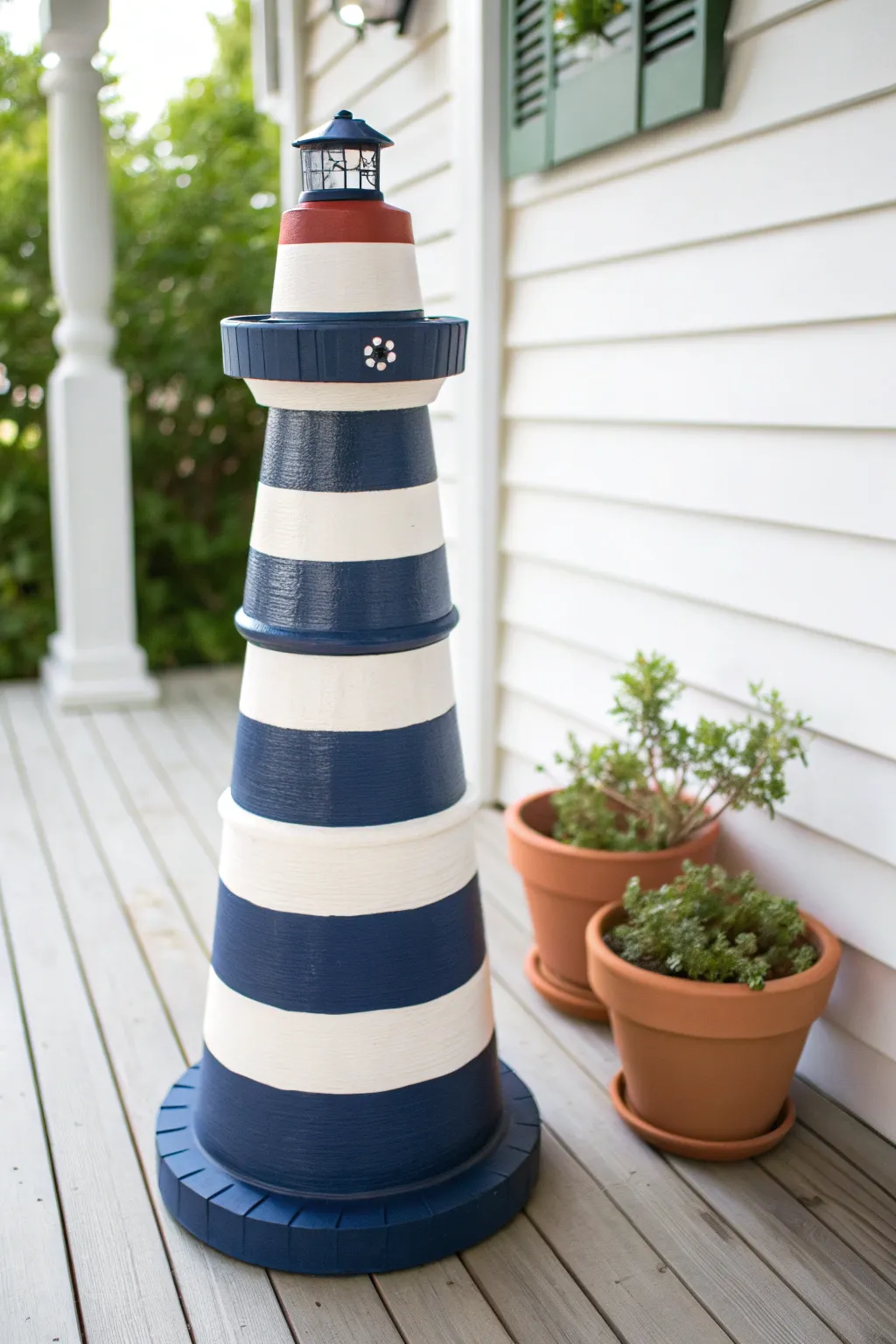 DIY stacked clay pot lighthouse adds coastal charm to your porch with simple painted stripes.