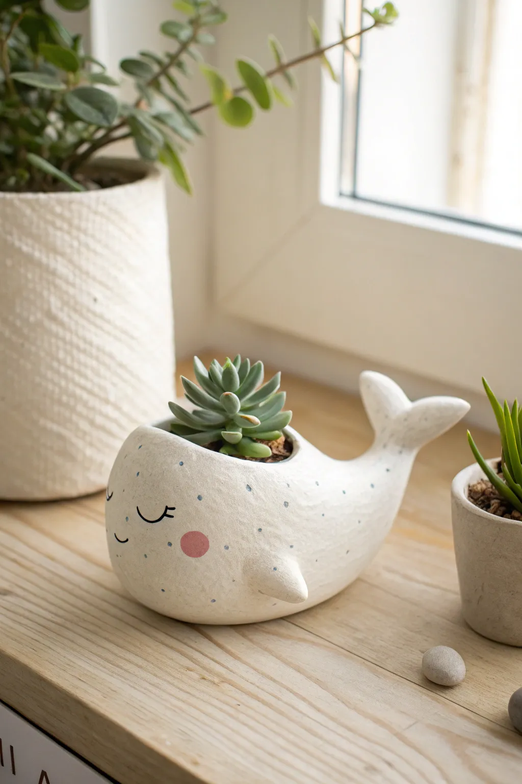 Minimalist whale clay pot with soft painted details, styled on a warm desk with a tiny plant