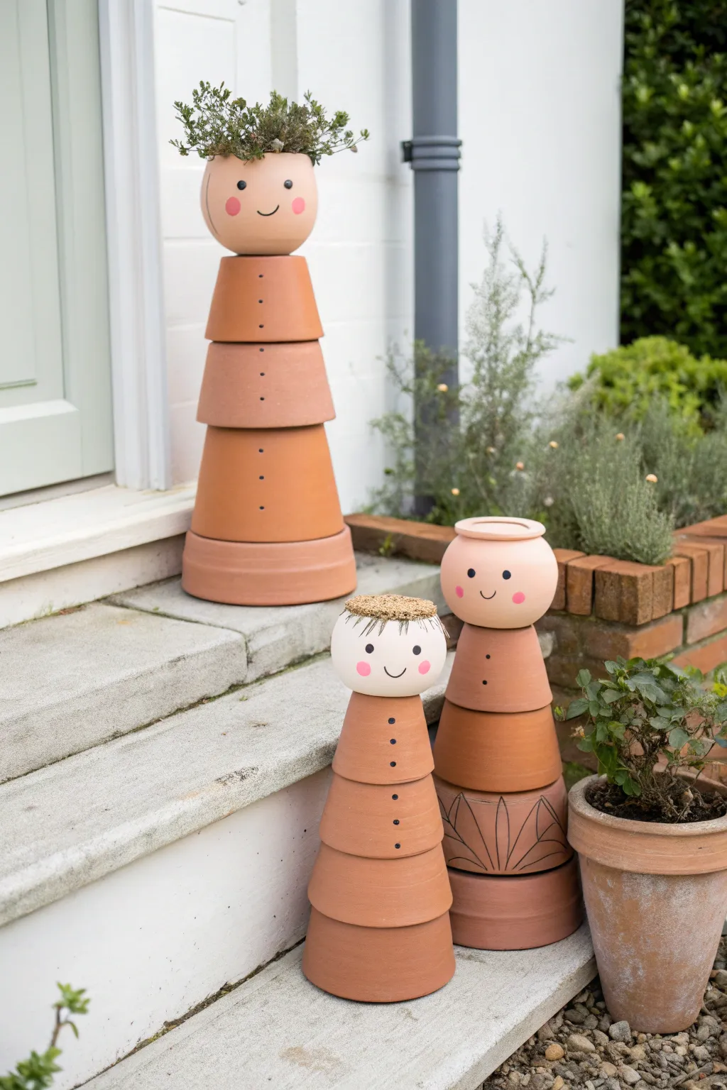 Simple clay pot people bring charm to your porch or garden in a cozy minimalist boho style.